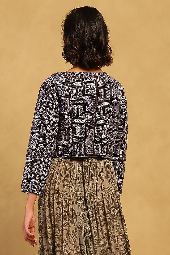 Blue Poly Velvet Applique Embroidered Jacket by Ritu Kumar at Pernia's Pop Up Shop