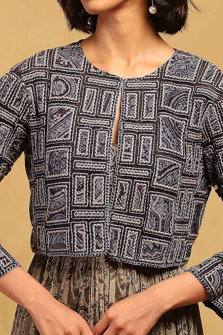 Blue Poly Velvet Applique Embroidered Jacket by Ritu Kumar at Pernia's Pop Up Shop