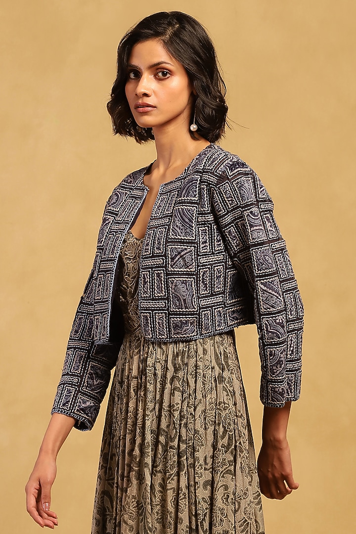 Blue Poly Velvet Applique Embroidered Jacket by Ritu Kumar at Pernia's Pop Up Shop