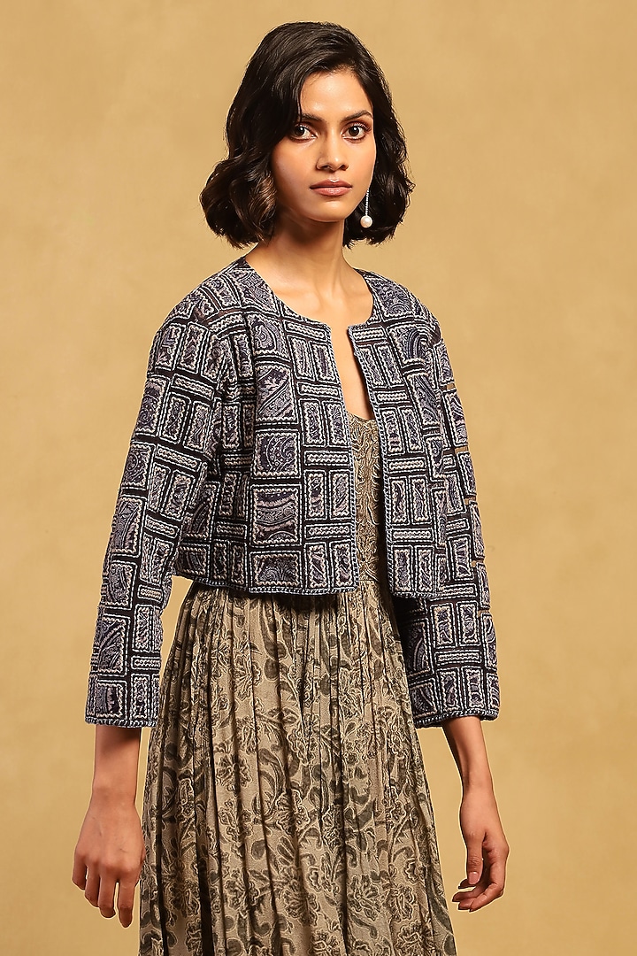 Blue Poly Velvet Applique Embroidered Jacket by Ritu Kumar at Pernia's Pop Up Shop