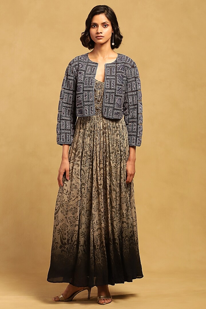 Blue Poly Velvet Applique Embroidered Jacket by Ritu Kumar at Pernia's Pop Up Shop