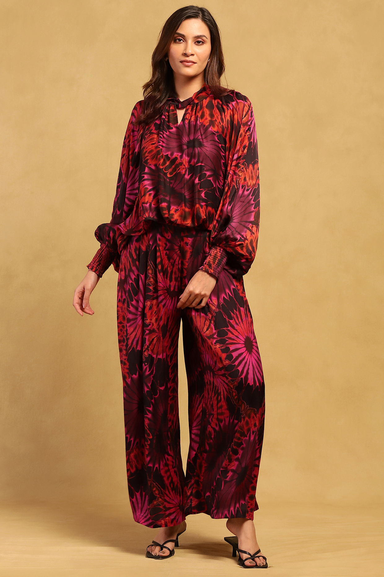 Red Satin Abstract Printed Co-Ord Set by Ritu Kumar at Pernia's Pop Up Shop
