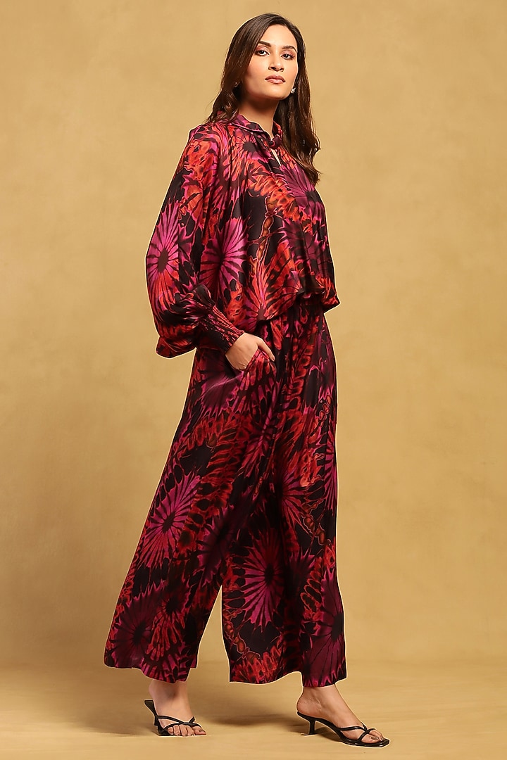 Red Satin Abstract Printed Co-Ord Set by Ritu Kumar at Pernia's Pop Up Shop