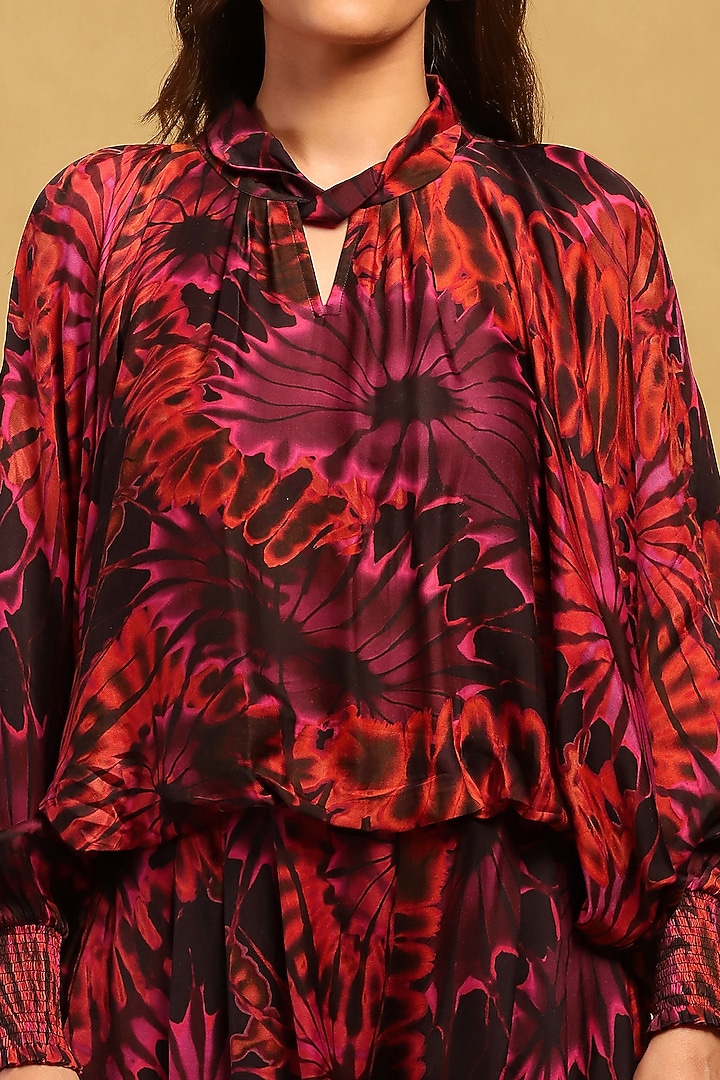 Red Satin Abstract Printed Co-Ord Set by Ritu Kumar at Pernia's Pop Up Shop
