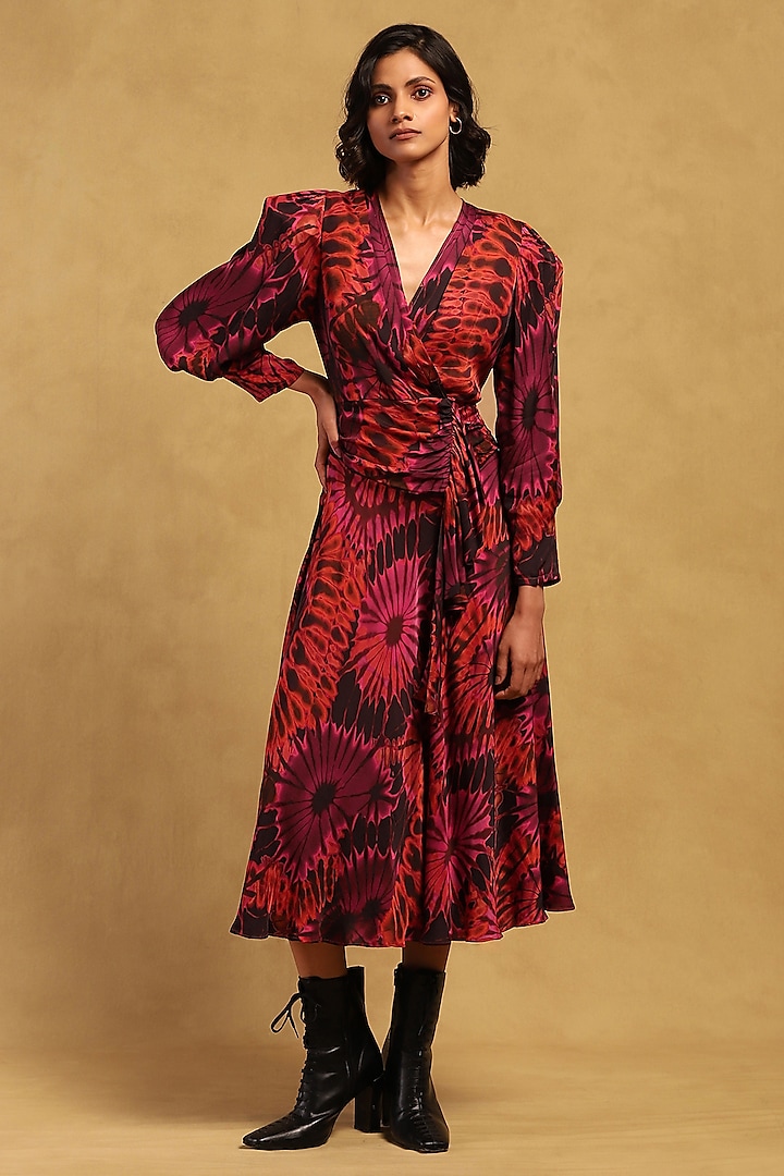 Red Satin Abstract Printed Dress by Ritu Kumar at Pernia's Pop Up Shop