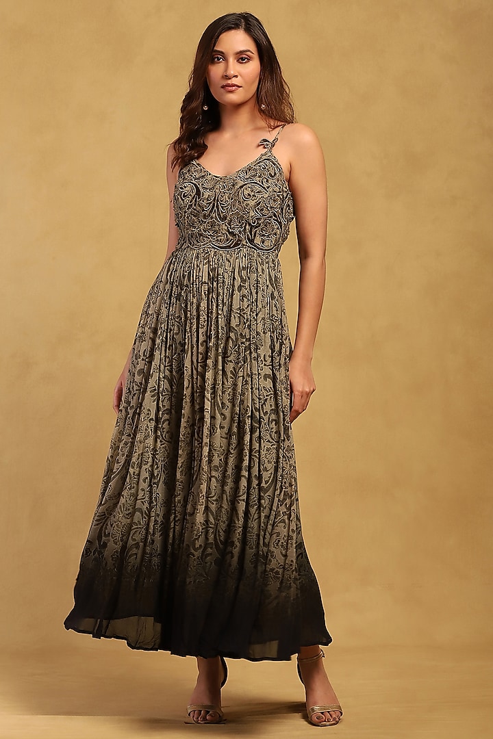 Grey Viscose Chiffon Floral Printed Maxi Dress by Ritu Kumar at Pernia's Pop Up Shop