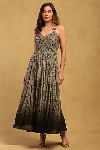 Grey Viscose Chiffon Floral Printed Maxi Dress by Ritu Kumar