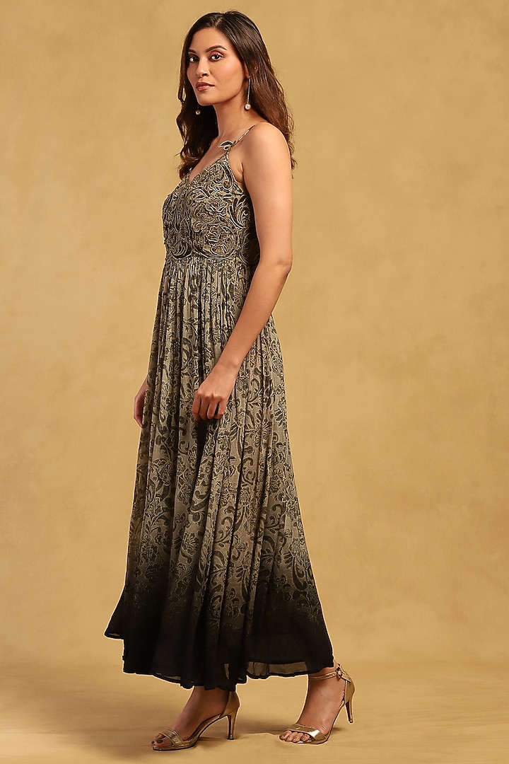 Grey Viscose Chiffon Floral Printed Maxi Summer Dress by Ritu Kumar at Pernia's Pop Up Shop
