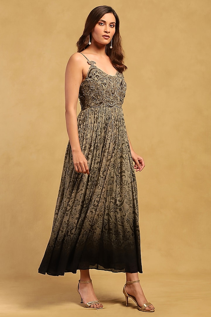 Grey Viscose Chiffon Floral Printed Maxi Summer Dress by Ritu Kumar at Pernia's Pop Up Shop