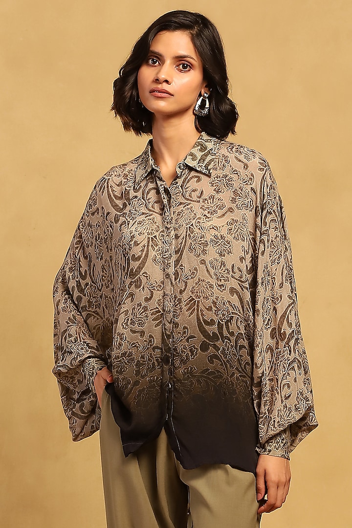 Grey Viscose Chiffon Floral Printed Shirt by Ritu Kumar at Pernia's Pop Up Shop