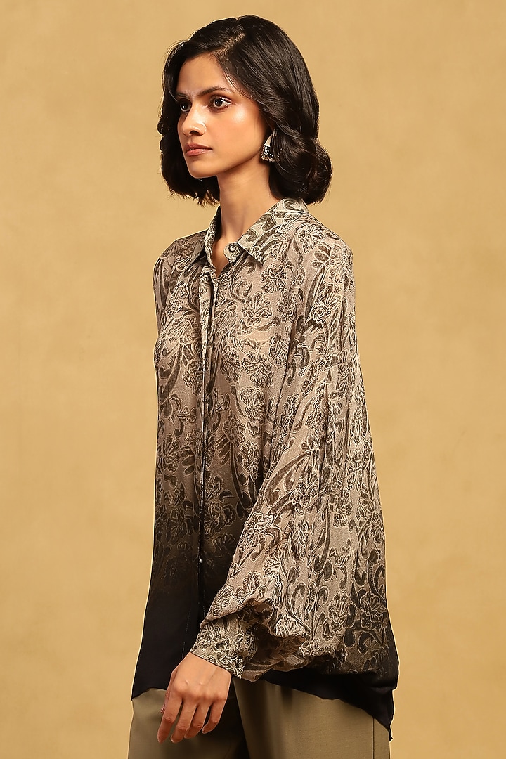 Grey Viscose Chiffon Floral Printed Shirt by Ritu Kumar at Pernia's Pop Up Shop