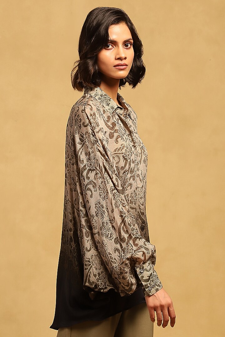 Grey Viscose Chiffon Floral Printed Shirt by Ritu Kumar at Pernia's Pop Up Shop