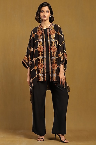 Black Poly Jacquard Cape Set by Ritu Kumar