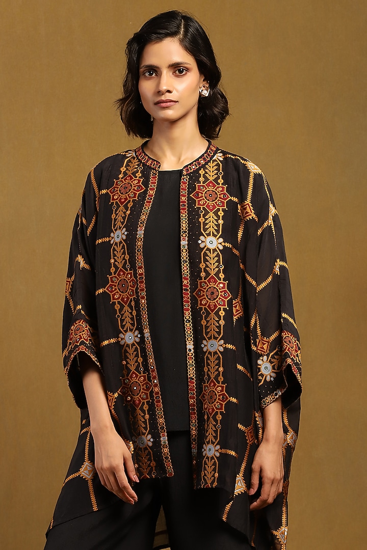 Black Poly Jacquard Cape Set by Ritu Kumar at Pernia's Pop Up Shop
