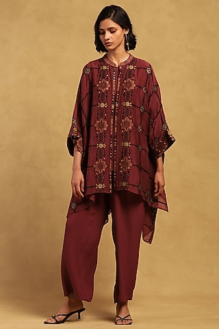 Red Poly Jacquard Cape Set by Ritu Kumar
