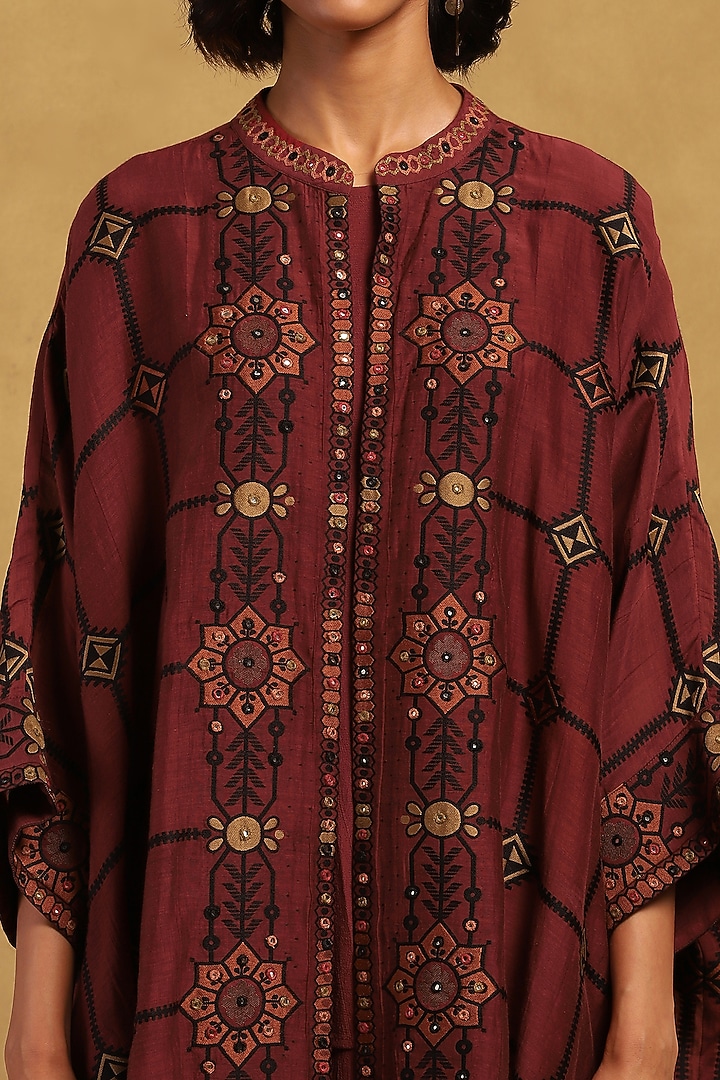 Red Poly Jacquard Cape Set by Ritu Kumar at Pernia's Pop Up Shop