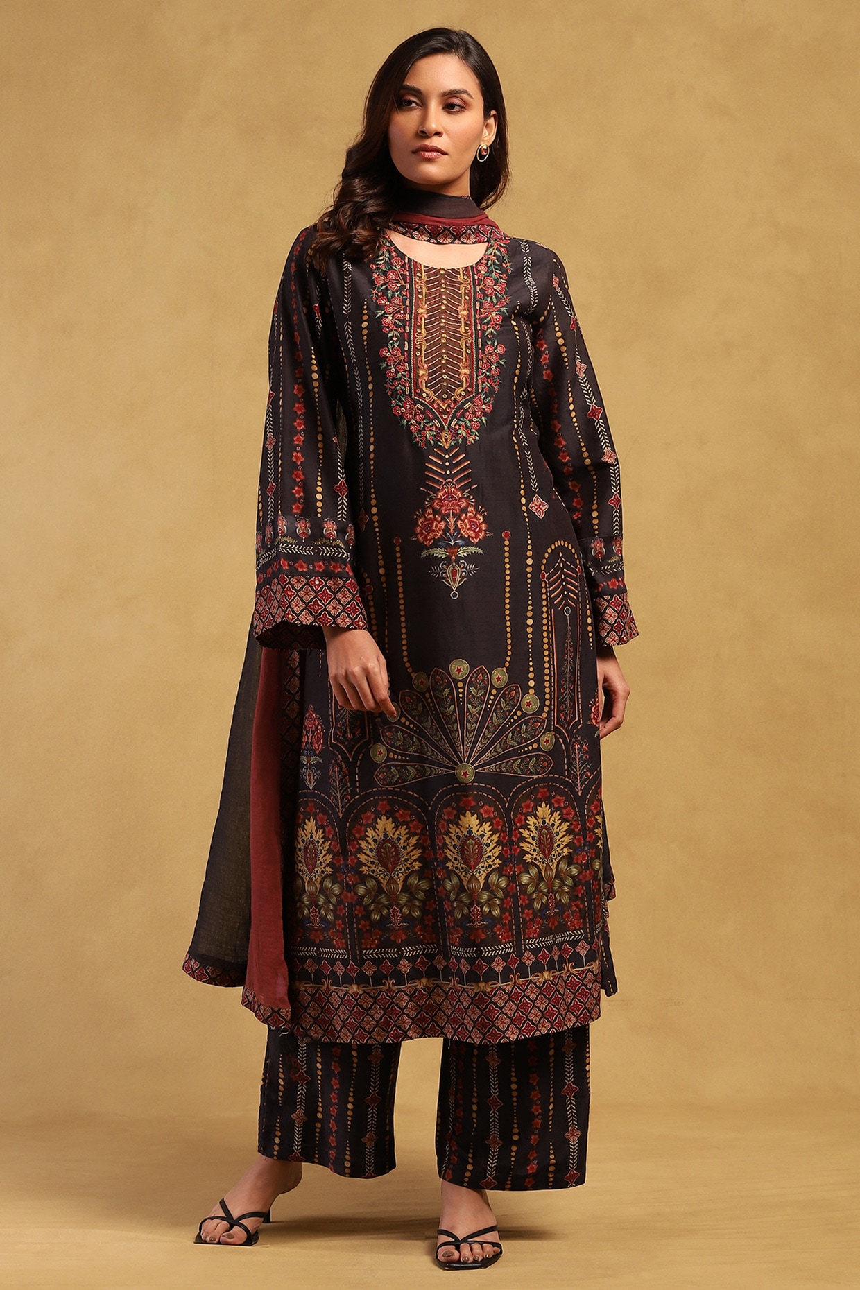 Black Cotton Voile Floral Printed Kurta Set by Ritu Kumar at Pernia's ...