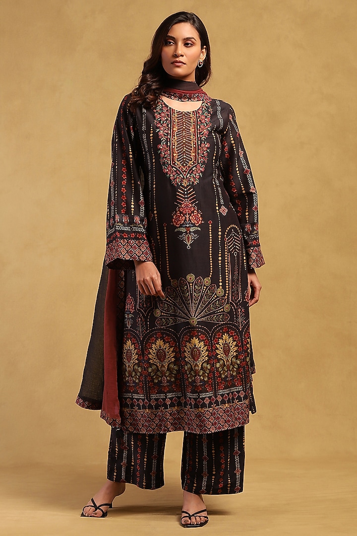 Black Cotton Voile Floral Printed Kurta Set by Ritu Kumar at Pernia's Pop Up Shop