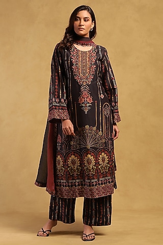 Black Cotton Voile Floral Printed Kurta Set by Ritu Kumar