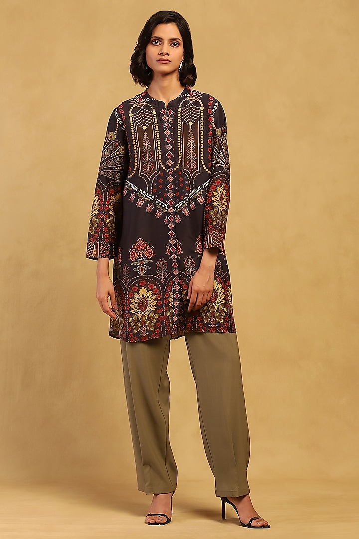 Black Cotton Voile Floral Printed Kurta by Ritu Kumar at Pernia's Pop Up Shop