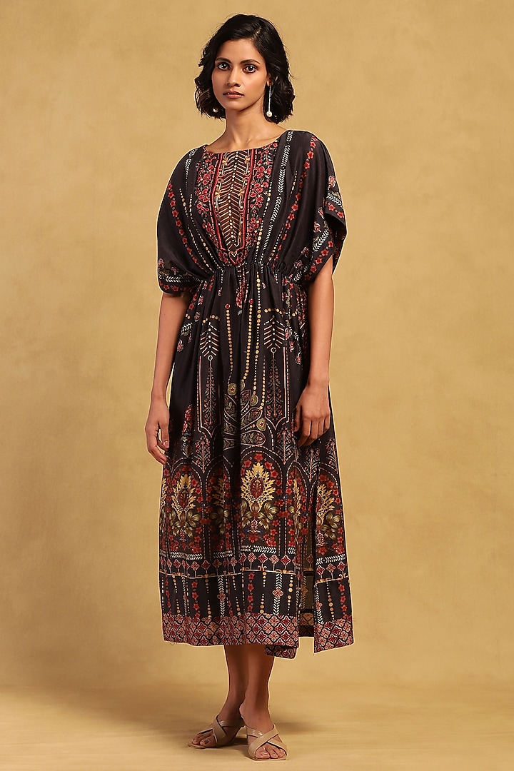 Black Cotton Voile Floral Printed Kaftan Dress by Ritu Kumar at Pernia's Pop Up Shop