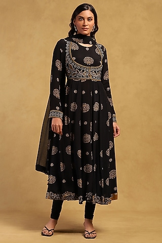 Black Viscose Crepe Floral Printed Kurta Set by Ritu Kumar