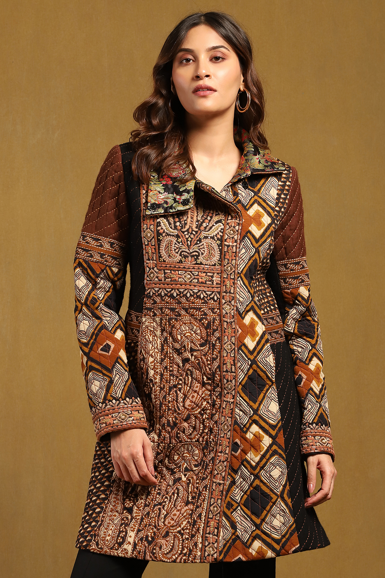 Brown Viscose Crepe Embroidered Jacket by Ritu Kumar at Pernia's Pop Up Shop
