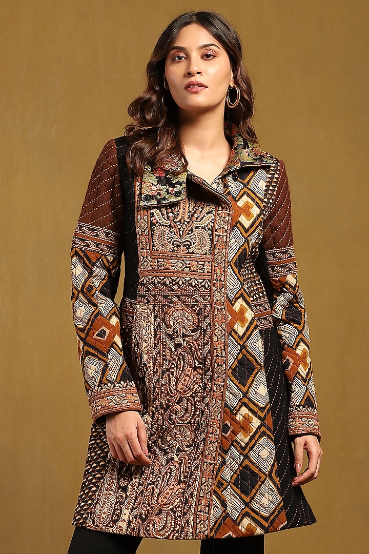 Brown Viscose Crepe Embroidered Jacket by Ritu Kumar at Pernia's Pop Up Shop