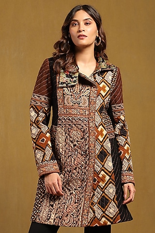 Brown Viscose Crepe Embroidered Jacket by Ritu Kumar