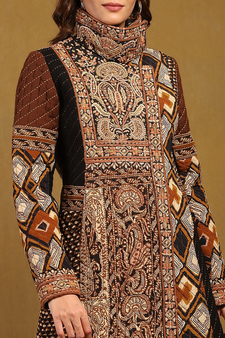 Brown Viscose Crepe Embroidered Jacket by Ritu Kumar at Pernia's Pop Up Shop