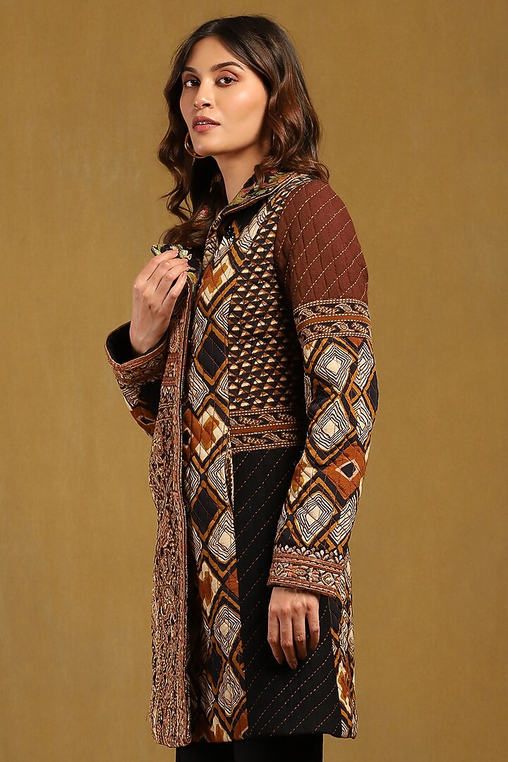 Brown Viscose Crepe Embroidered Jacket by Ritu Kumar at Pernia's Pop Up Shop