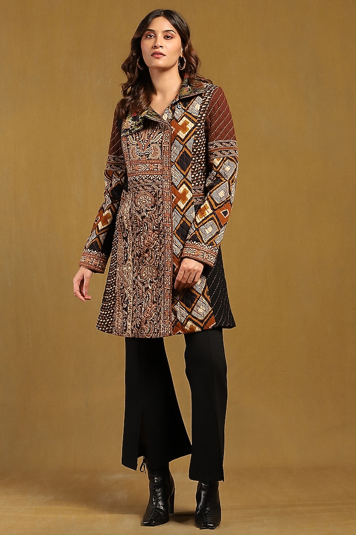Brown Viscose Crepe Embroidered Jacket by Ritu Kumar at Pernia's Pop Up Shop