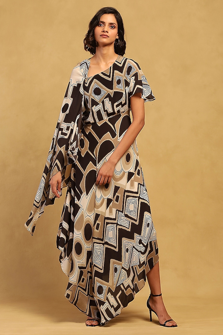 Black Viscose Crepe Geometric Printed Maxi Dress by Ritu Kumar at Pernia's Pop Up Shop