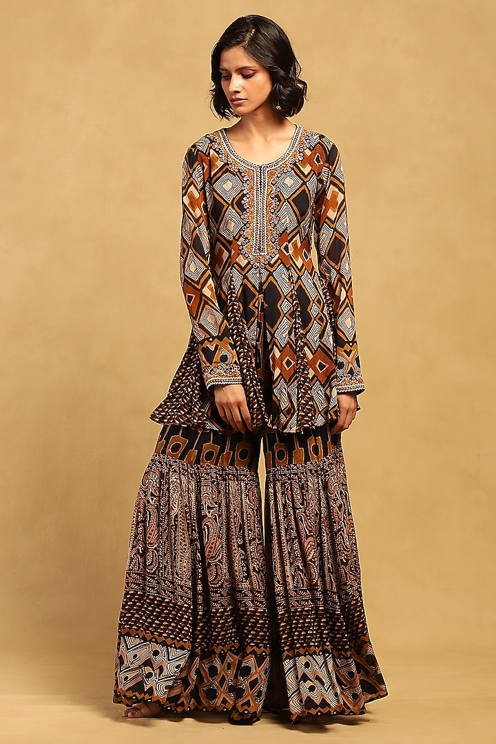 Brown Viscose Chiffon Geometric Printed Sharara Set by Ritu Kumar at Pernia's Pop Up Shop