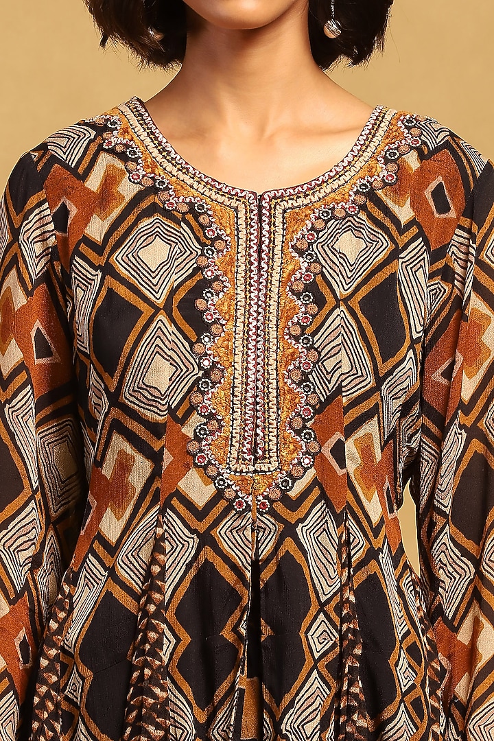 Brown Viscose Chiffon Geometric Printed Party Wear Sharara Set by Ritu Kumar at Pernia's Pop Up Shop