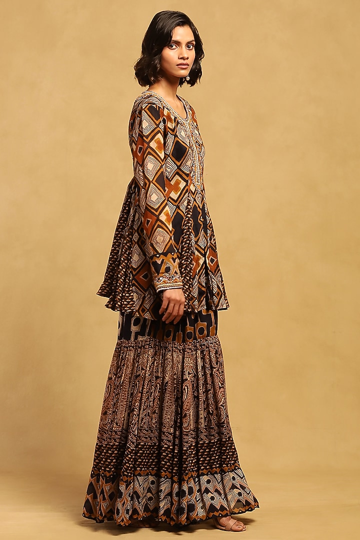Brown Viscose Chiffon Geometric Printed Party Wear Sharara Set by Ritu Kumar at Pernia's Pop Up Shop