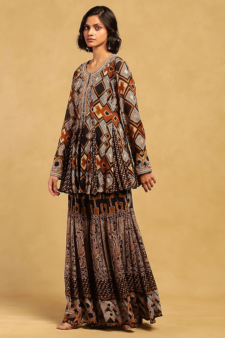 Brown Viscose Chiffon Geometric Printed Party Wear Sharara Set by Ritu Kumar at Pernia's Pop Up Shop