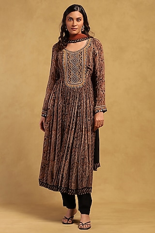 Black Viscose Chiffon Geometric Printed Kurta Set by Ritu Kumar
