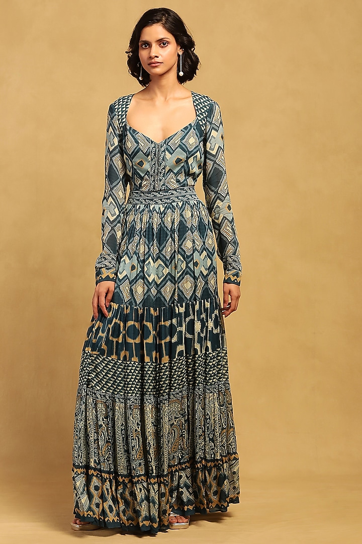 Blue Viscose Chiffon Geometric Printed Maxi Dress by Ritu Kumar at Pernia's Pop Up Shop