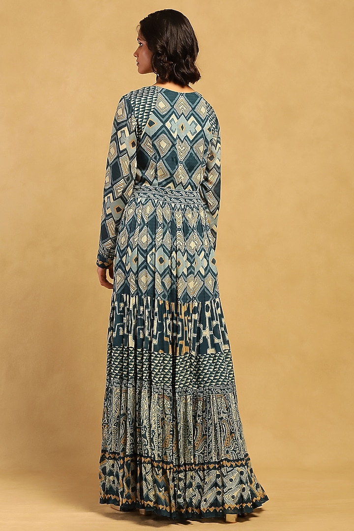 Blue Viscose Chiffon Geometric Printed Maxi Summer Dress by Ritu Kumar at Pernia's Pop Up Shop