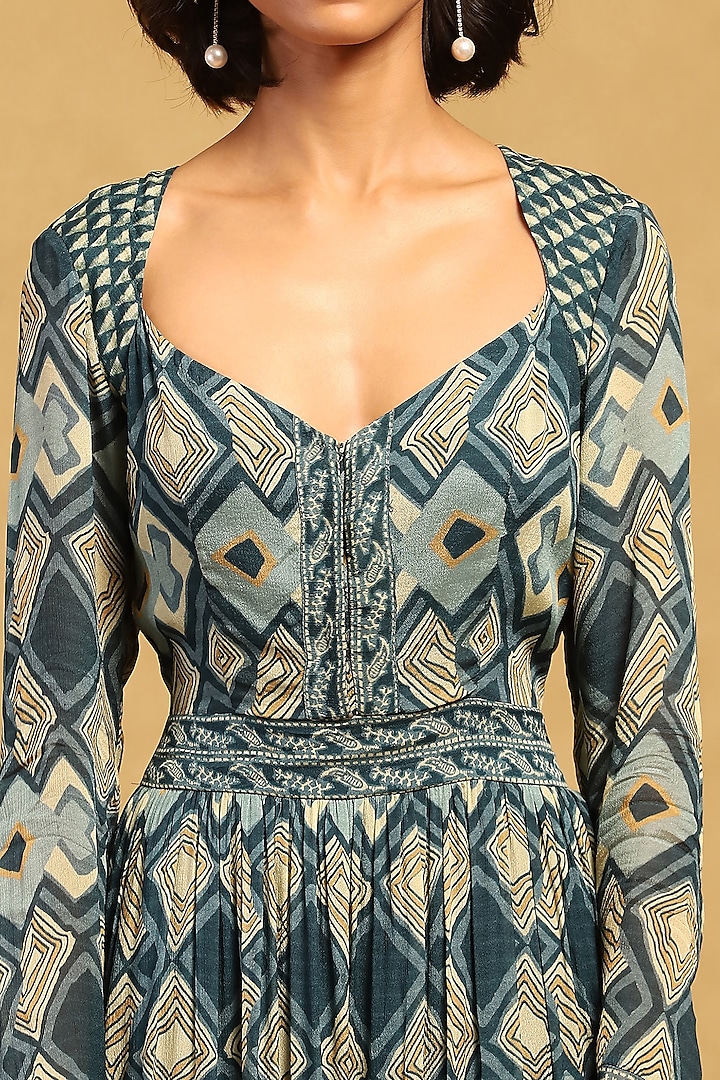 Blue Viscose Chiffon Geometric Printed Maxi Summer Dress by Ritu Kumar at Pernia's Pop Up Shop