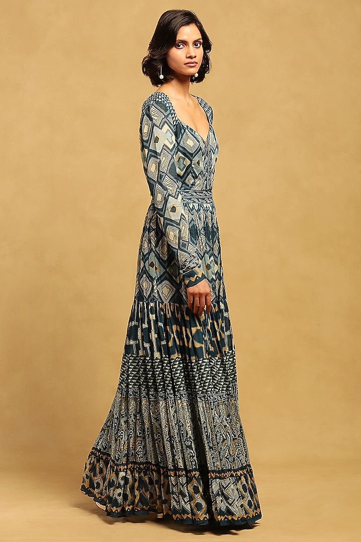 Blue Viscose Chiffon Geometric Printed Maxi Summer Dress by Ritu Kumar at Pernia's Pop Up Shop