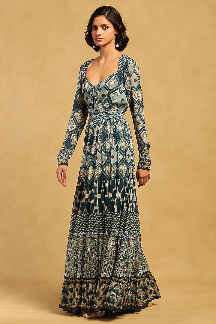 Blue Viscose Chiffon Geometric Printed Maxi Summer Dress by Ritu Kumar at Pernia's Pop Up Shop