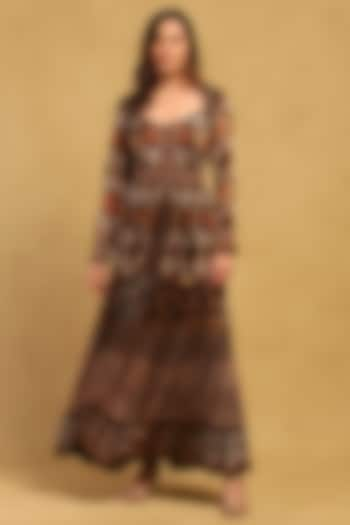 Brown Viscose Chiffon Geometric Printed Maxi Dress by Ritu Kumar at Pernia's Pop Up Shop