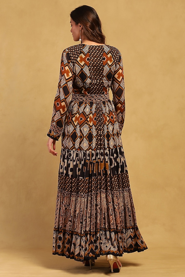 Brown Viscose Chiffon Geometric Printed Maxi Summer Dress by Ritu Kumar at Pernia's Pop Up Shop