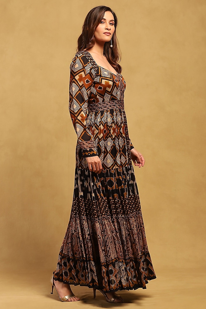 Brown Viscose Chiffon Geometric Printed Maxi Summer Dress by Ritu Kumar at Pernia's Pop Up Shop