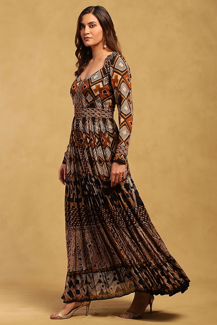 Brown Viscose Chiffon Geometric Printed Maxi Summer Dress by Ritu Kumar at Pernia's Pop Up Shop