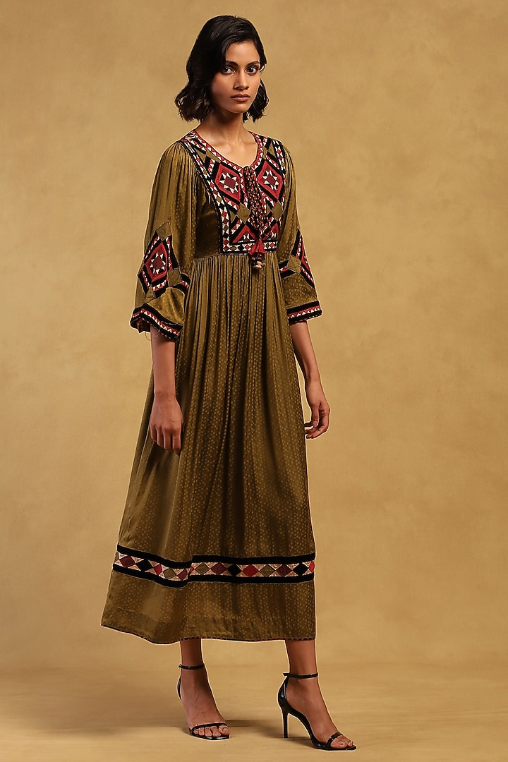 Green Viscose Satin Dobby Maxi Vacation Dress by Ritu Kumar at Pernia's Pop Up Shop