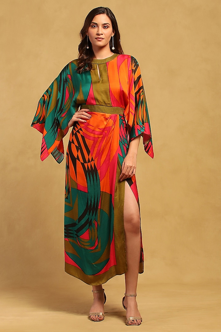 Multi-Colored Satin Botanical Printed Kaftan Dress by Ritu Kumar at Pernia's Pop Up Shop