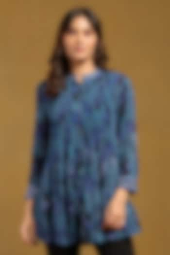 Blue Viscose Chiffon Geometric Printed Shirt by Ritu Kumar at Pernia's Pop Up Shop